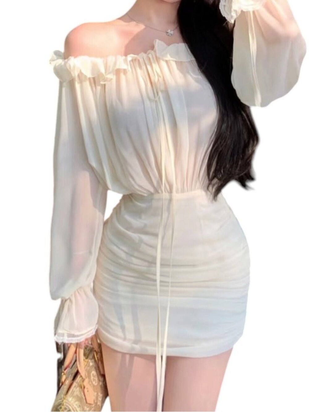 Cream Off Shoulder Chiffon Ruched Mini Dress Lace Bell Sleeve M